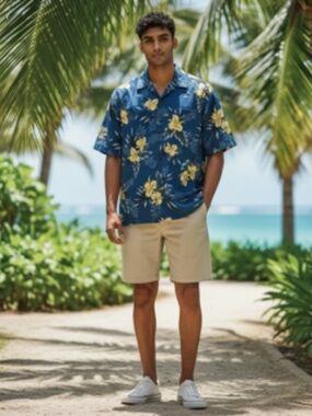 Two Palms Hawaiian Open Collar Coconut Shell Button Chest Pocket Shirt Size XL